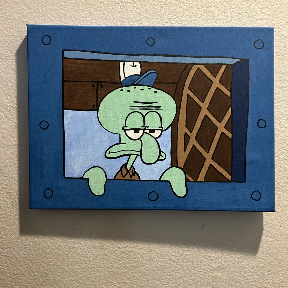 Hand-Painted SpongeBob Canvas Painting, Squidward, 12x16” Wood Framed Canvas Art